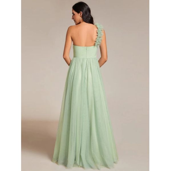 Exquisite One-shoulder Sweetheart Ruffled A-line Zipper Pleated High Slit Mint Green Tulle Prom Dress