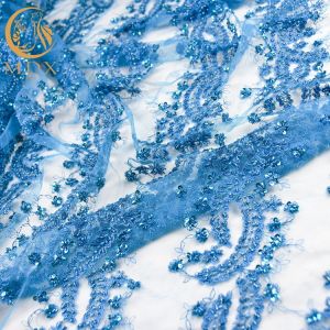Embroidered Bead Handmade Lace Fabric 140cm Width With Pearls