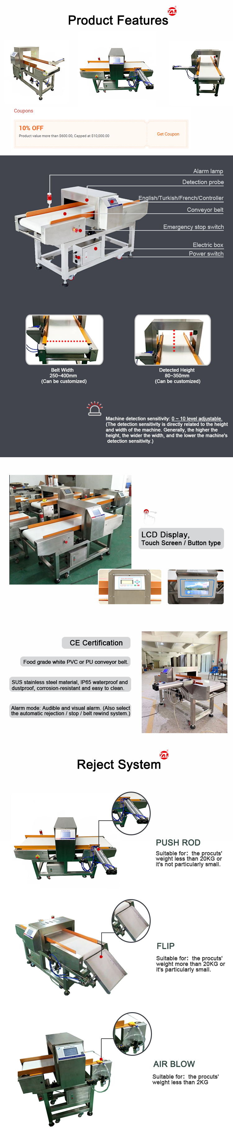 Food Grade Metal Detector For Food Industry , Metal Detector For Bread Industry