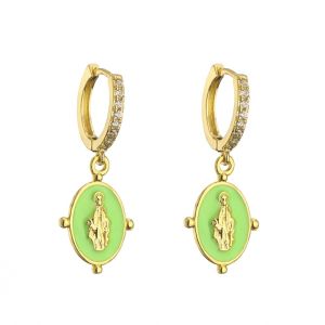 Crystal Rhinestone Hoop Earrings Gold Plated Virgin Mary Pendant OEM