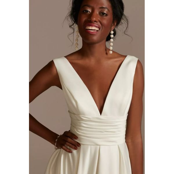 Modern Satin Plus Size V-neck Zipper Tea-length Empire Backless Tank Straps A-line Ivory Satin Midi Wedding Dress