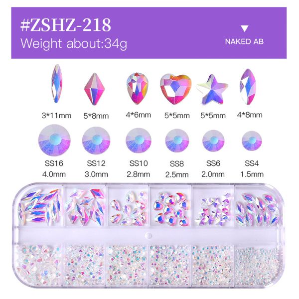 Nail SPA or Training 12 Grid AB Nail Stone Kit with Multi Shape Crystal Rhinestones