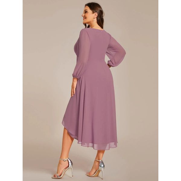 Elegant Empire Long Sleeve V-neck High Low A-line Ruffled Midi Purple Orchid Chiffon Wedding Guest Homecoming Dress