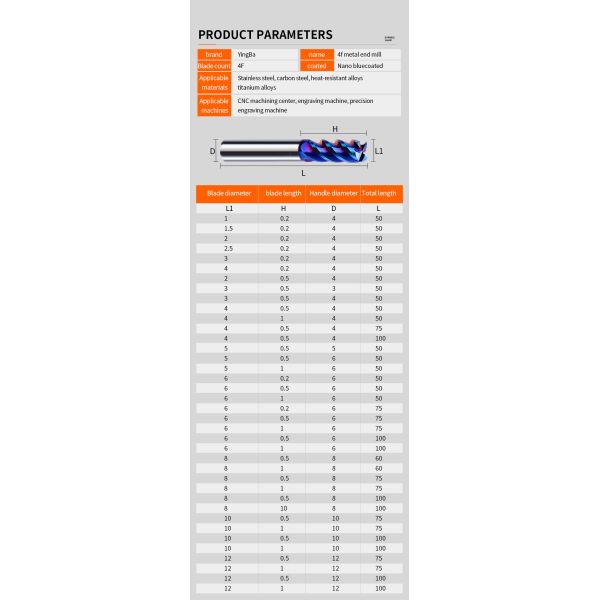 YINGBA Custom Cutting Tool Blue Nano Coating 4 Flutes Hrc65 Carbide Flat End Mill Tools Cutter End Mill for Stainless Steel