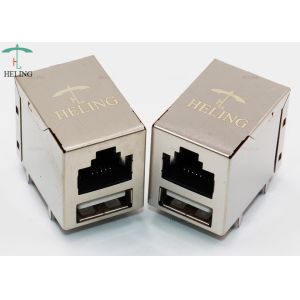 Right Angle USB Combo Female RJ45 Jack Connector With Yellow / Green LED