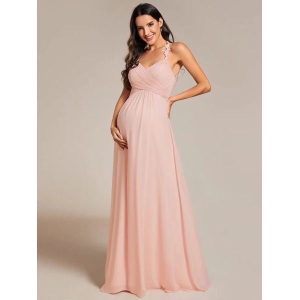 Empire A-line Backless Floral Halter Neck V-neck Pleated Cut-out Back Zipper Pink Chiffon Evening Dress