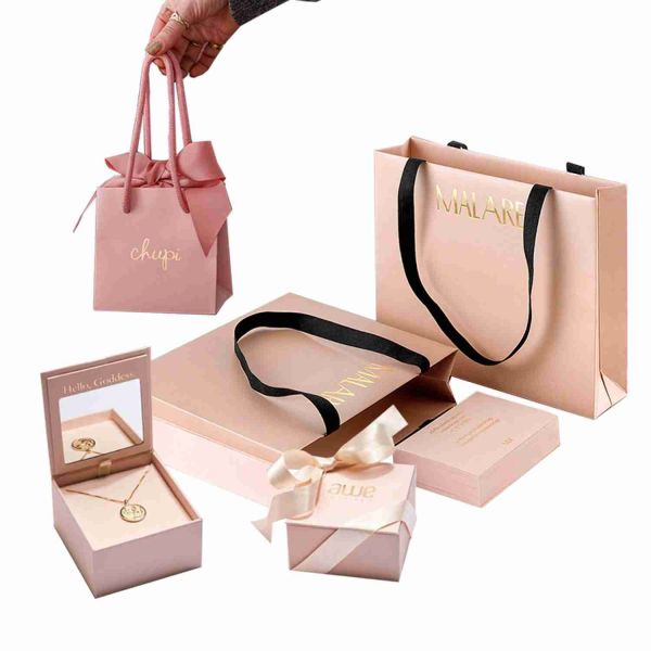 8x4x10 Small Favor Pink Wedding Printed Paper Gift Bags Bulk With Ribbon Handle