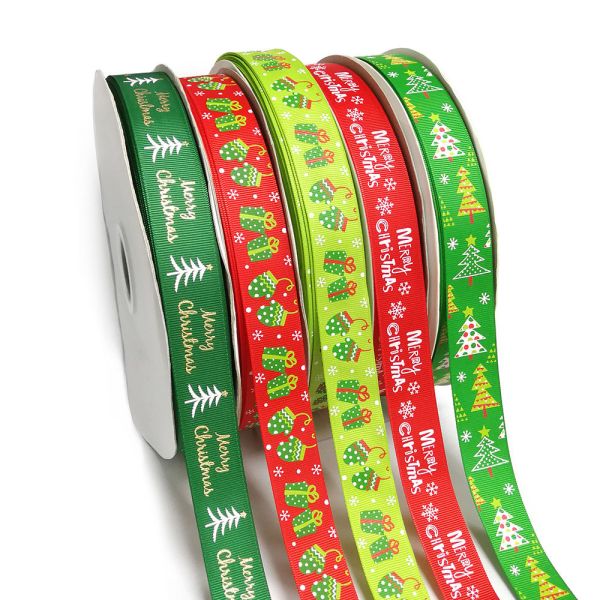 Fancy design colorful polyester tape with christmas tree and snow printing christmas ribbon