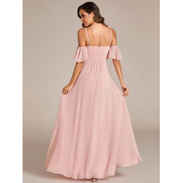 Empire A-line Ruffled Off-shoulder Spaghetti Strap Criss-cross Ruffles Sleeve Mint Green Chiffon Bridesmaid Dresses