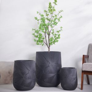 Radial Geometric Pattern Neutral White Round Fiber Clay Plant Pot