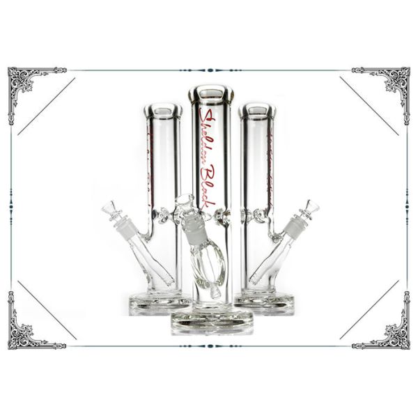 Buy Red Sheldon Black Logo 9MM Thick Glass Bong 12'' Straight Tube Smoking Hookah Pipes at wholesale prices