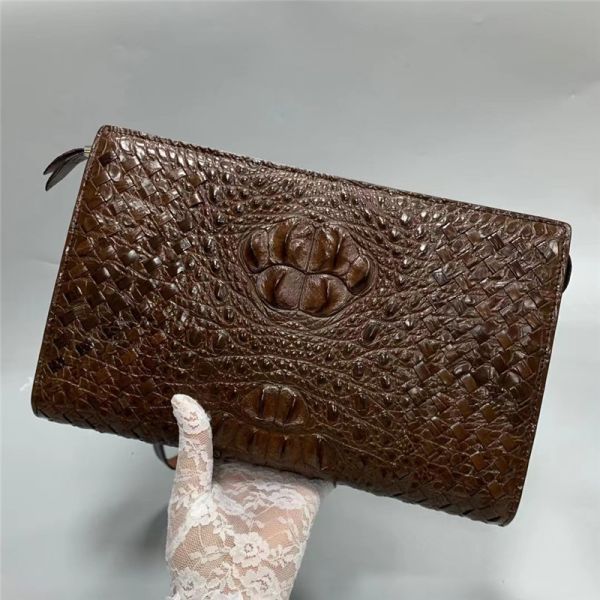 Knitted Designer Genuine Alligator Skin Men Woven Clutch Purse Authentic Crocodile Leather Male Large Wristlets Bag