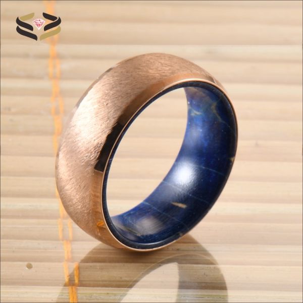 Geometric 8mm Brushed Stainless Steel Blue Purple Wood Ring for Wedding Engagement Anniversary Gift