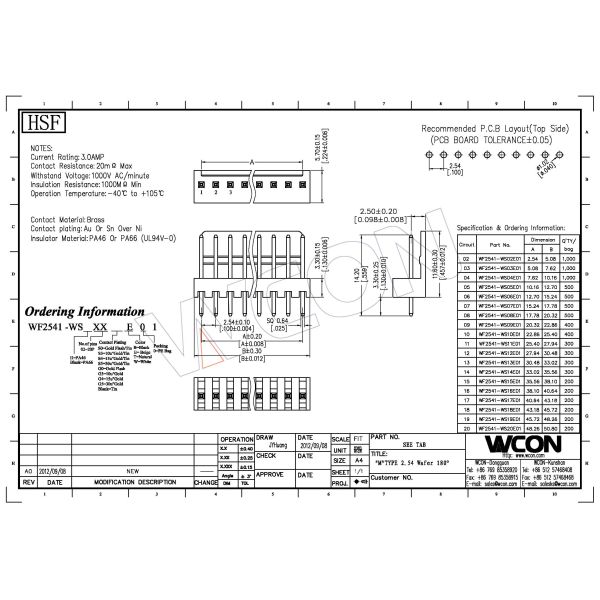 2.54mm Wire To Board Connector PA66 Wafer Wire To Wire Connector Straight 02-20 Pins