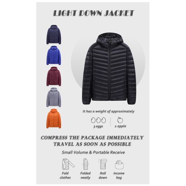 New men's white duck down anti-drilling velvet lightweight hooded casual warm winter down coat or jacket with storage bag