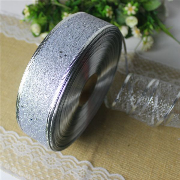 Metallic Organza Mesh Ribbon For Christmas Holiday Decoration Glitter Wired Edge Ribbon