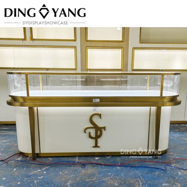 Professional Jewellery Counter Showcase with Hairline Gold and Matte Beige