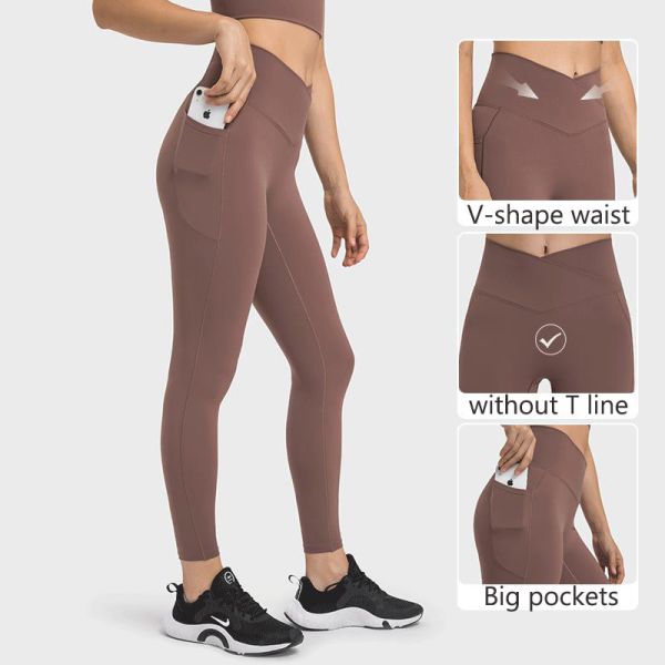 Buy Breathable Side Pocket Yoga Pants Elastic Ladies Cross Waist Sports Tights at wholesale prices