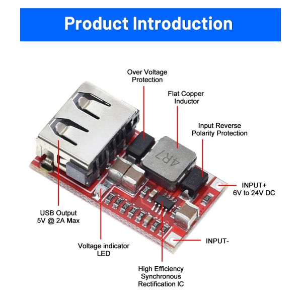 CA-025 Efficient DC-DC Converter USB Charger Development Board 6V-24V 24V 12V to 5V 97.5% Buck Module for Car Power Supply