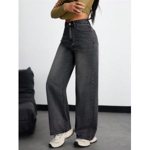 Inky gray high-waisted straight-leg jeans for women