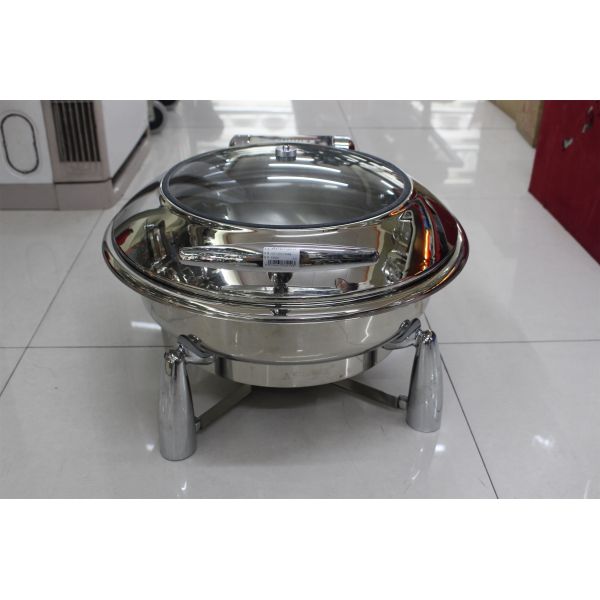 Food Pan Hydraulic Round Chafing Dish With Glass Window / Mechanical Hinge Lid