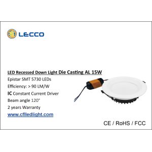 SMD 5730 LED Recessed Downlight 15 Watt 6400K Color Temperature