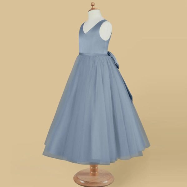 New Design Blue Tulle Flower Girl Dress Children's Dresses Gown V-neck Customized Sleeveless