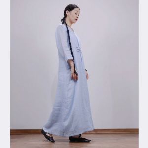160gsm Ready Made Garments Pure Linen Tall Dress Long Sleeve Ankle Length