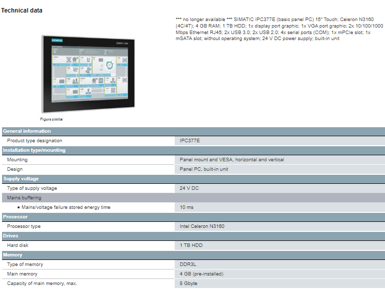 6AV7230-0DA20-0BA0 HMI TFT Siemens Panel SIMATIC IPC377E 15" Touch Screen