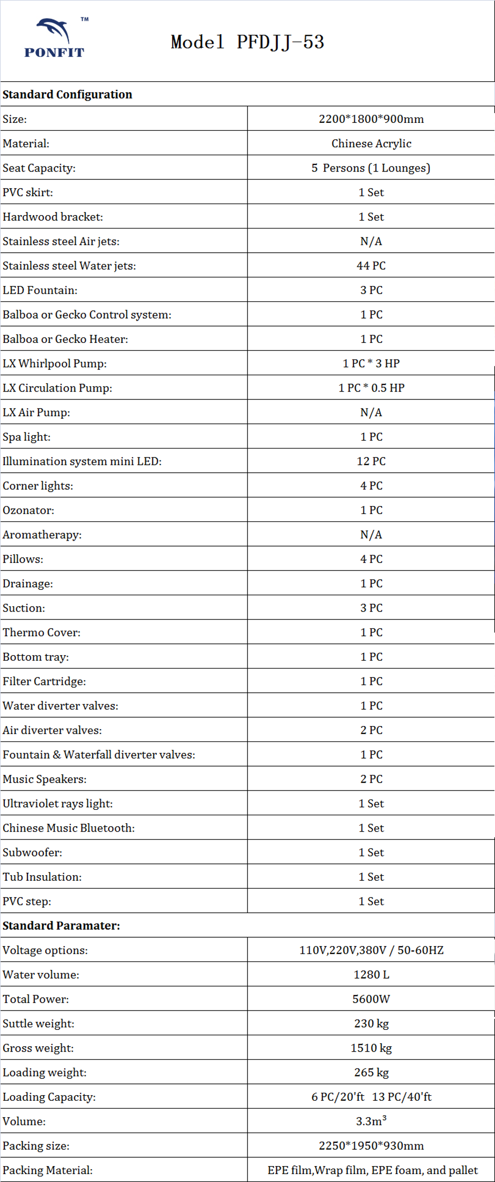 Combo Massage Whirlpool Spa Tub With Balboa Control System PFDJJ 53