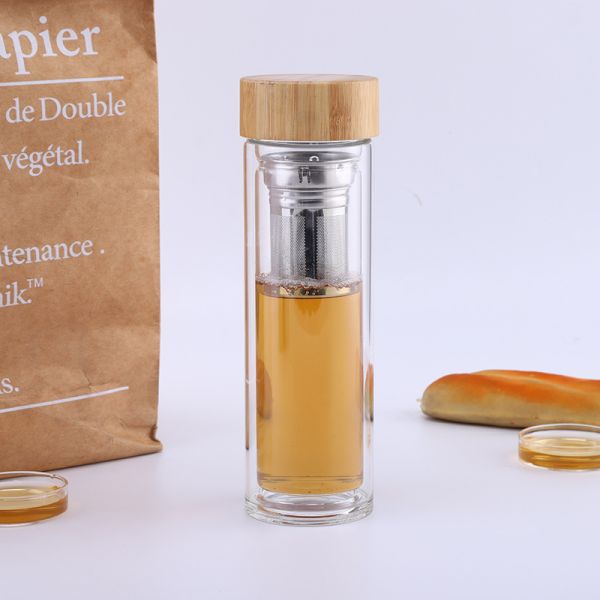 Double Wall Inslution Borosilicate Glass Cup With 2 In 1 Stainless Steel Infusers