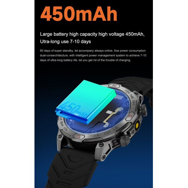 KC86 Men Smart Watch 1.43 Inch HD Large Screen BT Call Flashlight Compass Smart Watch 450mAh