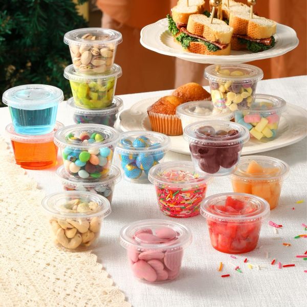 Portion Cups With Lids, Small Plastic Containers with Lids, Airtight Stackable