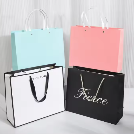 Quality Custom Printed White Paper Gift Bags with Ribbon Handles for sale