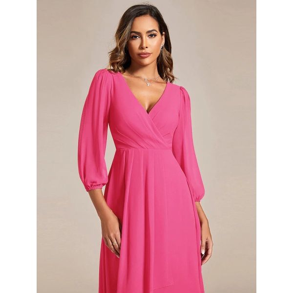 Elegant Empire Long Sleeve V-neck High Low A-line Ruffled Midi Hot Pink Chiffon Wedding Guest Party Dress