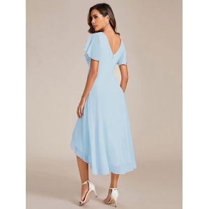 Chic V-neck High-low Short Flutter Sleeves A-line Ruffles Midi Invisible Zipper