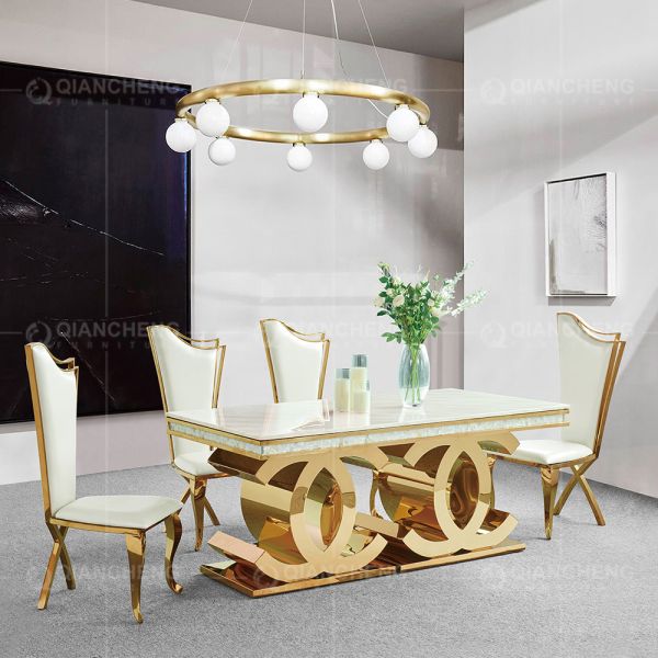 Golden Base 40mm Stainless Steel Dining Table 8 Seater Marble Dining Table