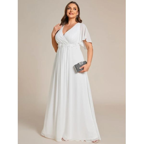 Empire Plus Size Applique Short Sleeve A-line V-neck Flutter Sleeves Invisible Zipper Cream Chiffon Prom Dress