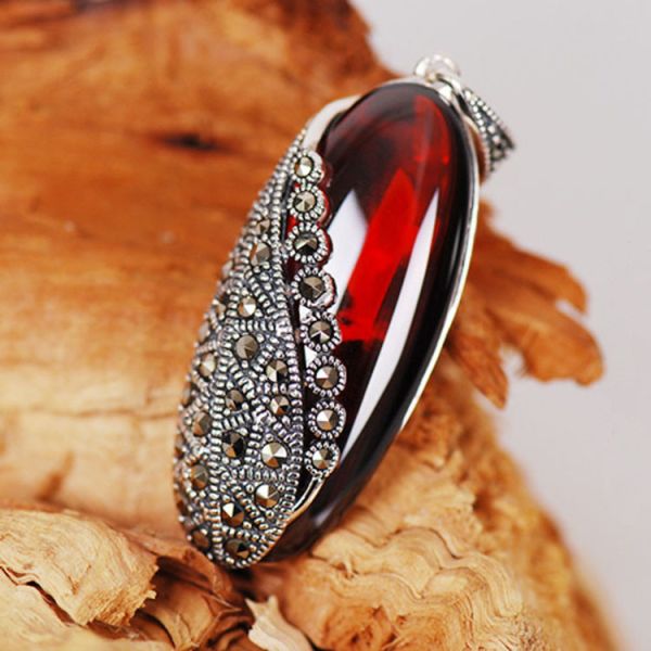 Vintage Thai 925 Silver Garnet Marcasite Pendant and 18 Inches Chain(N11065RED)