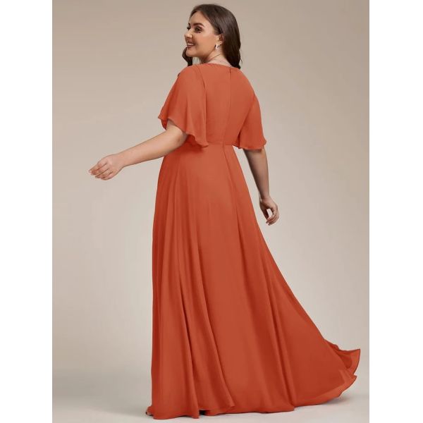 Sexy Empire Applique A-line Short Flutter Sleeves V-neck Invisible Zipper Burnt Orange Chiffon Evening Dress