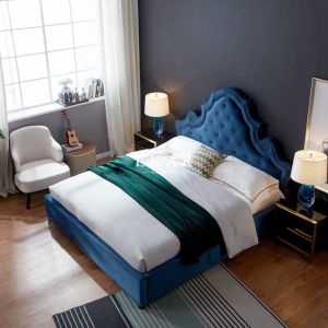Contemporary Wood Blue Velvet Fabric Double Bed