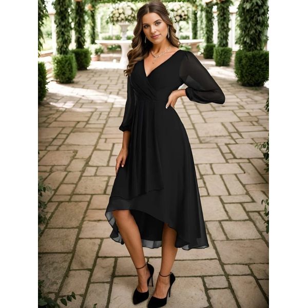 Elegant Empire Long Sleeve V-neck High Low A-line Ruffled Midi Black Chiffon Wedding Guest Cocktail Dress