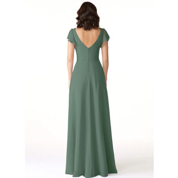 Hot Sale Factory Custom-made Chiffon Long Evening Dress A-Line Princess V-Neck Ruched V back Cap Sleeve