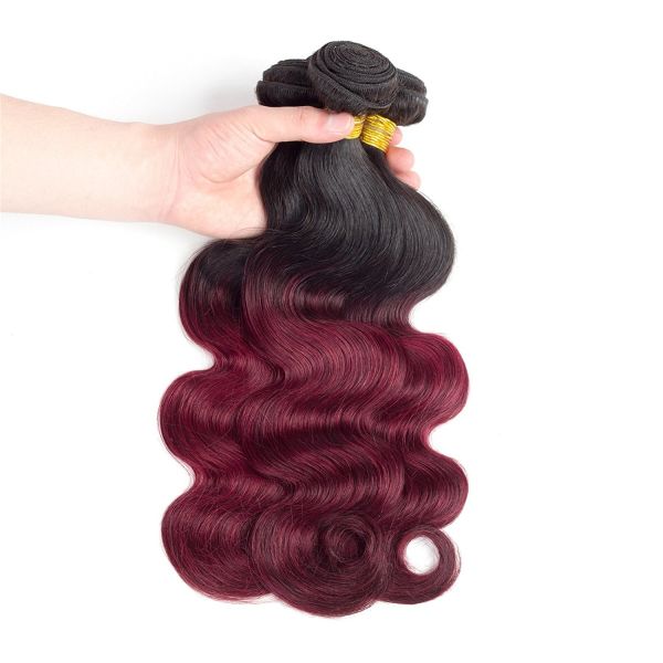 Pre-colored Ombre Hair Weave 3 Bundles with Closure 4x4 1b/99j Ombre Brazilian Body Wave Human Hair Bundles with Closure