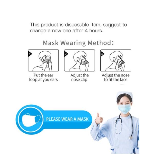 Breathable 3 Ply Disposable Face Mask Ear Loop Health Non Woven Medical Mask