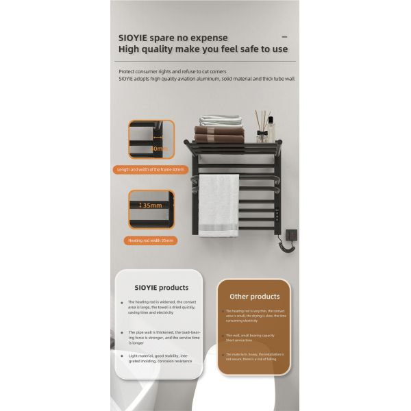 Electric Heated Space Aluminum Bathroom Towel Warmer and Drying Rack for Modern Design