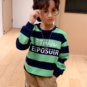 Green And Black Boys Striped Crewneck Sweater Letter Printed
