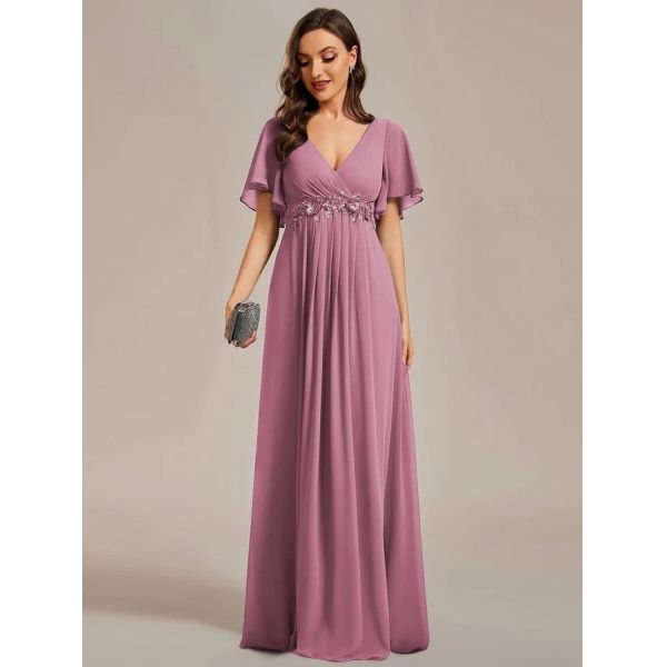 Sexy Empire Applique A-line Short Flutter Sleeves V-neck Invisible Zipper Purple Orchid Chiffon Bridesmaid Dress
