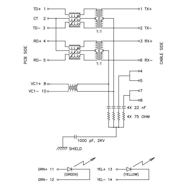 JKM-0200NL 100 Base-T POE 36W Rj45 Female Connector Tab DOWN 1x1 Port With G/Y Led
