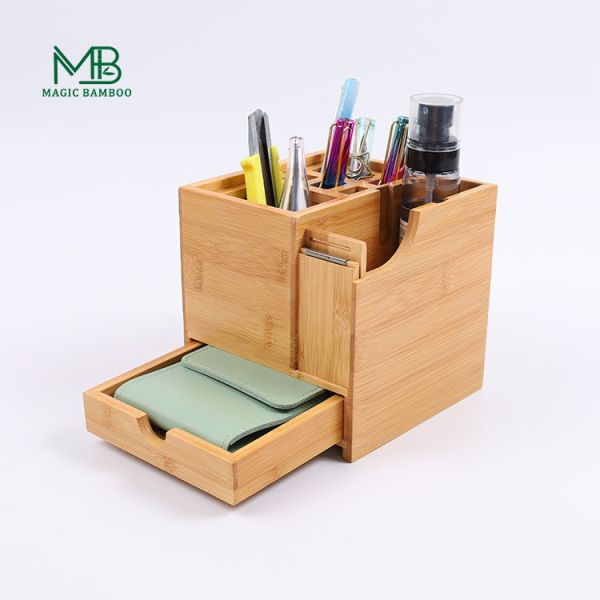 Buy Bamboo Multifunctional Pen Holder With Drawer And Tape Cutter at wholesale prices
